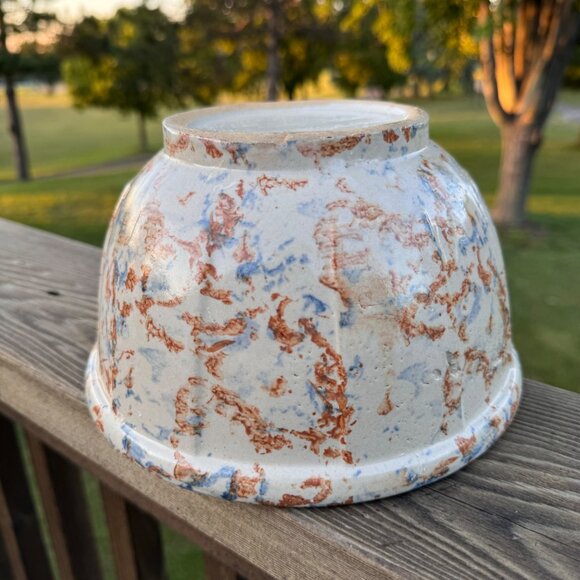 Red Wing Spongeware Stoneware Paneled Mixing Bowl 8" Rustic Blue Brown Vintage - Picture 7 of 16